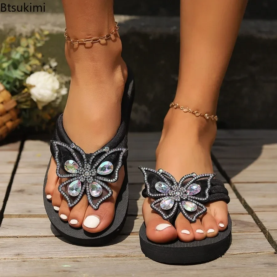 

2025 Clip Toe Wedges Thick Soled Slippers for Women Shiny Crystal Butterfly-knot Design Sandals Ladies Outdoor Casual Slippers