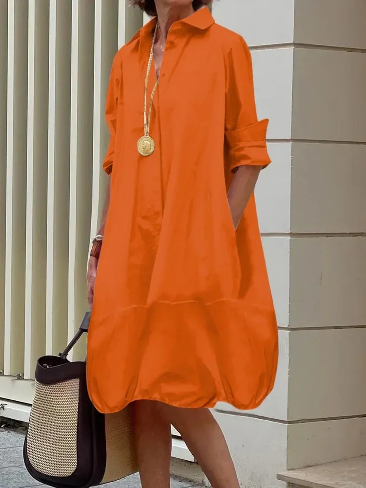 Gymystars Women's Shirts Dress Office Commute Midi Dresses New Elegant Solid Color Loose Lapel Collar Fashion Ladies Shirt Tops