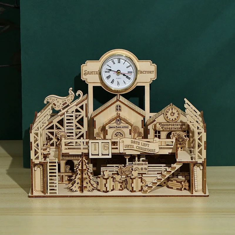 Wooden Puzzles For Adults 3D Christmas Reindeer Desk Clocks Model Craft Kit Wood Desk Decoration Birthday Gift Toy For Kids Teen