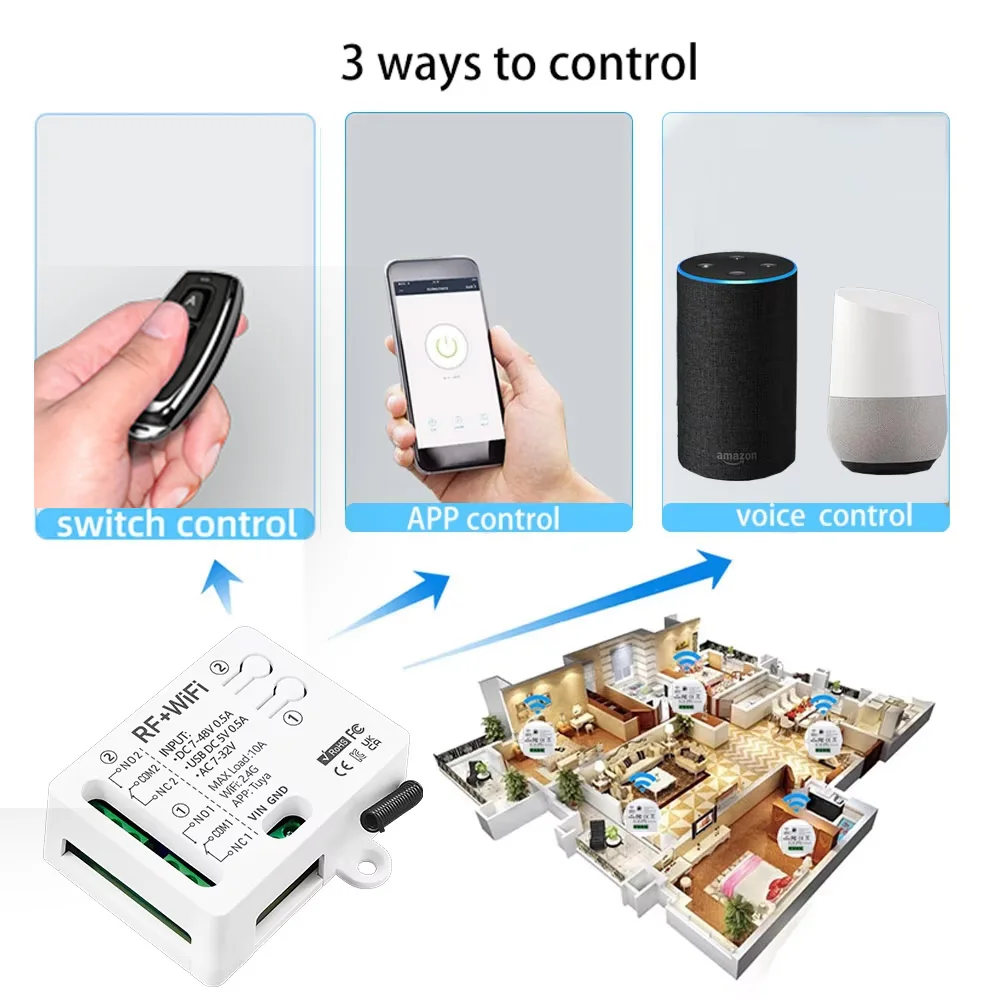 WIFI Tuya Wireless 433mhz Universal Gate Remote Control Switch DC 5V 48V 2Ch 10A Dry Relay Receiver Remote for Garage Door Led