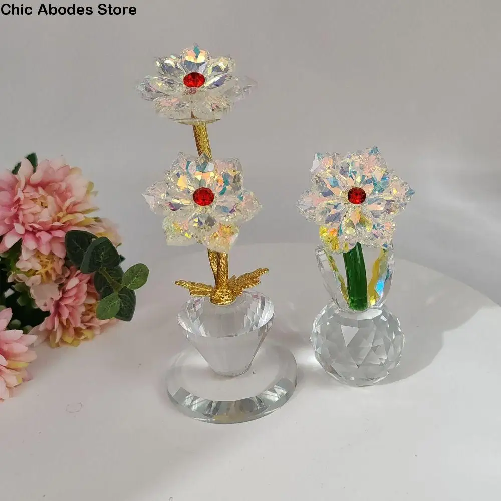 

Romantic Crystal Sunflower Statue Colorful Handmade Crystal Flower Figurine Exquisite Round Base Flower Bouquet Paperweight