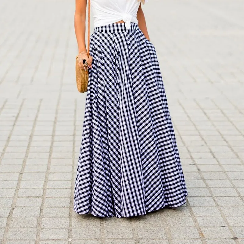 Spring Autumn Elegant Fashionable Style Plaid Medium-length High-waist Commuting Large Hem Skirt Women Skirt With Draped Feeling