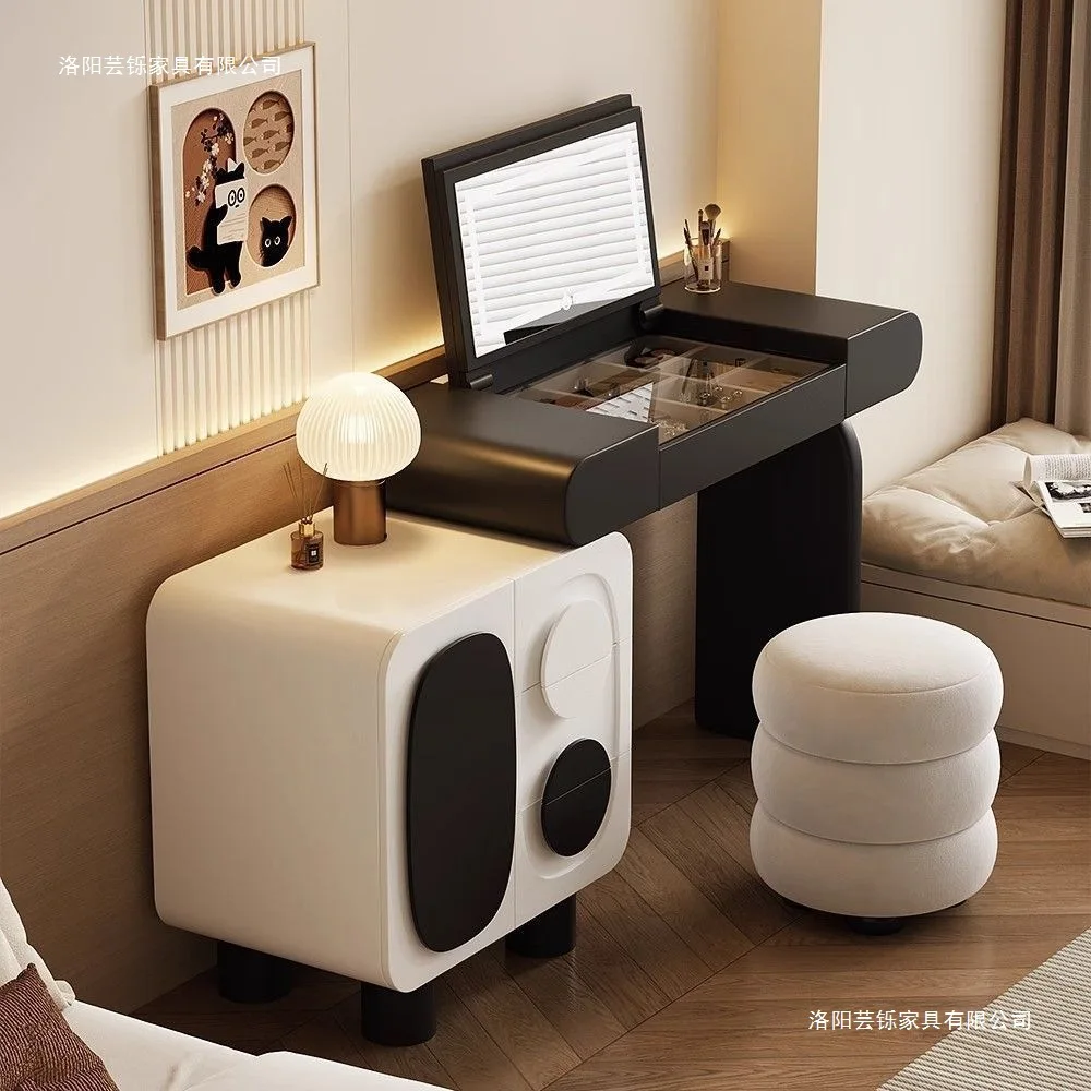Small apartment bedroom with black and white panda pattern modern simple retro wind wood dresser chest integrated other