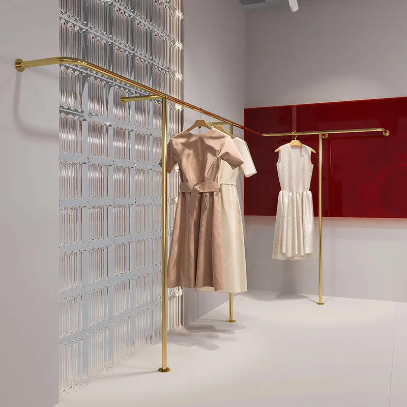 

Clothing store display rack Wall-mounted floor-to-ceiling stainless steel titanium gold hanging clothes rack Women's clothing