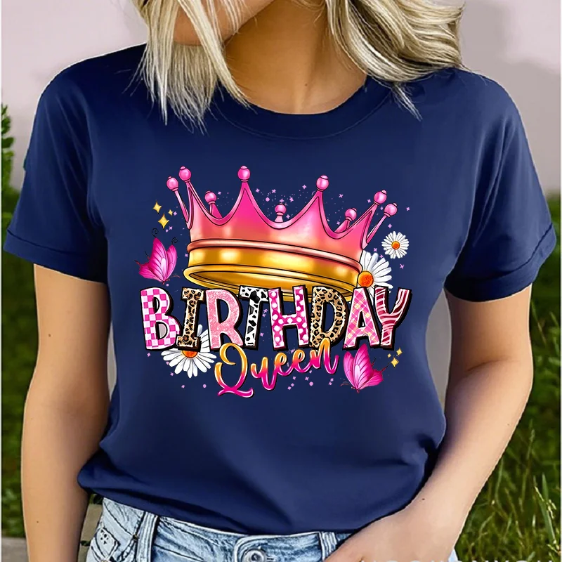 Cotton 100% Birthday Queen Letter T-shirt - Casual Crew Neck Short Sleeve T-shirt, Knit Graphic Women Clothes Summer