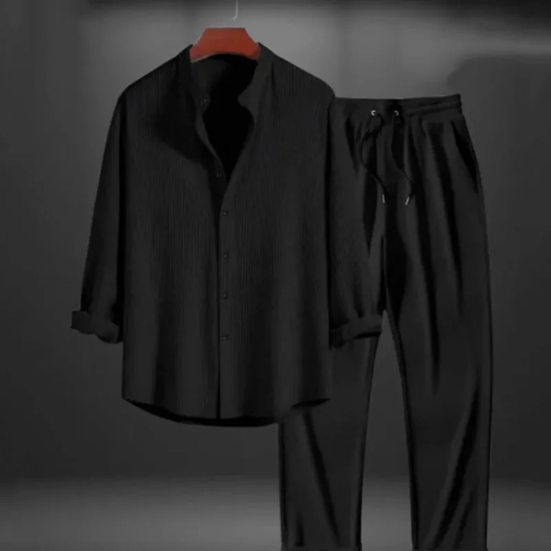 

Мужские однобортные рубашки из двух предметов, комплекты блузок, однотонные прямые брюки до щиколотки на шнурке, повседневные спортивные свободные карманы