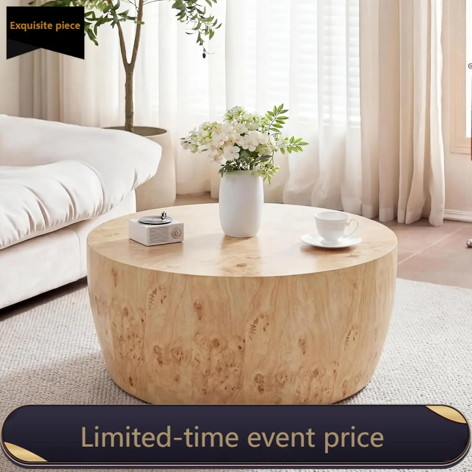 

Wooden Round Coffee Table Tea Table Home Office Table Burl Faux Marble Reversible Drum No Assembly Required