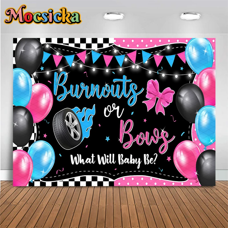 Mocsicka Burnouts Or Bows Gender Reveal Backdrop Pink Blue Tire Bow Photography Background Baby Shower Photo Booth Studio Banner