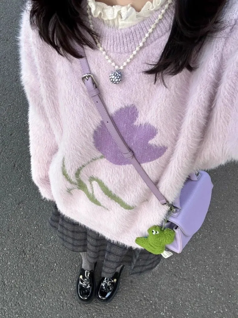 Sweet Fashion Purple Waterproof Mink Pullovers Lazy All-match Loose Knitted Tops Women Y2k O-neck Long Sleeve Sweaters Mujer