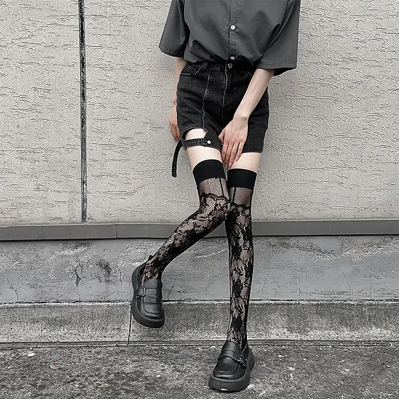 Women Sexy Lace Top Floral Rattan Fishnet Stockings Long Tube Mesh Over Knee Body Stockings Thigh High Hosiery Goth Long Socks