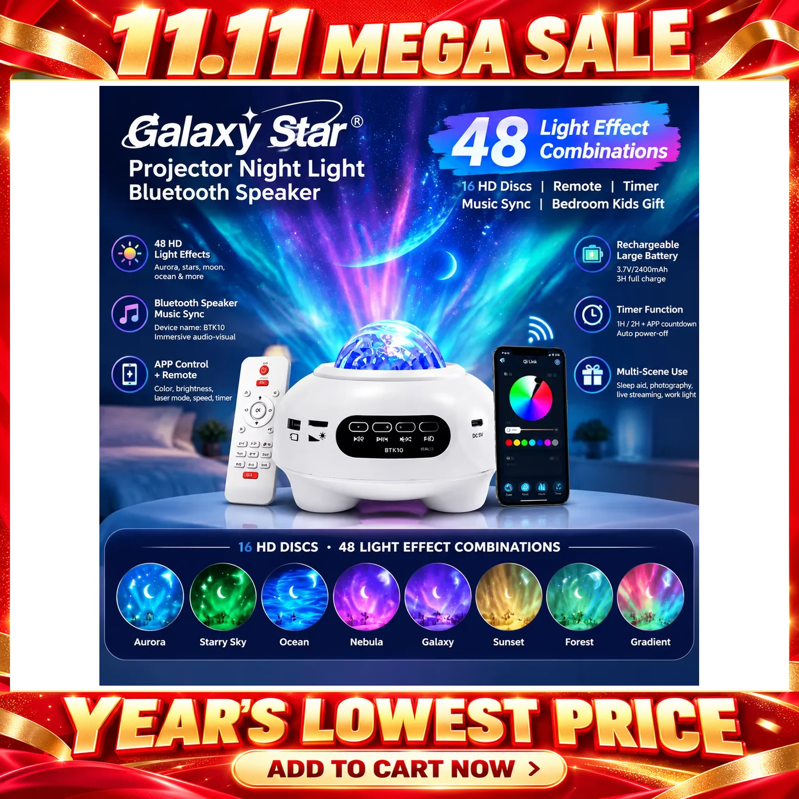 Aurora Star Projector Night Light Bluetooth Speaker Galaxy Lamp 48 HD Effects APP Remote Control Music Sync Kids Bedroom Gift
