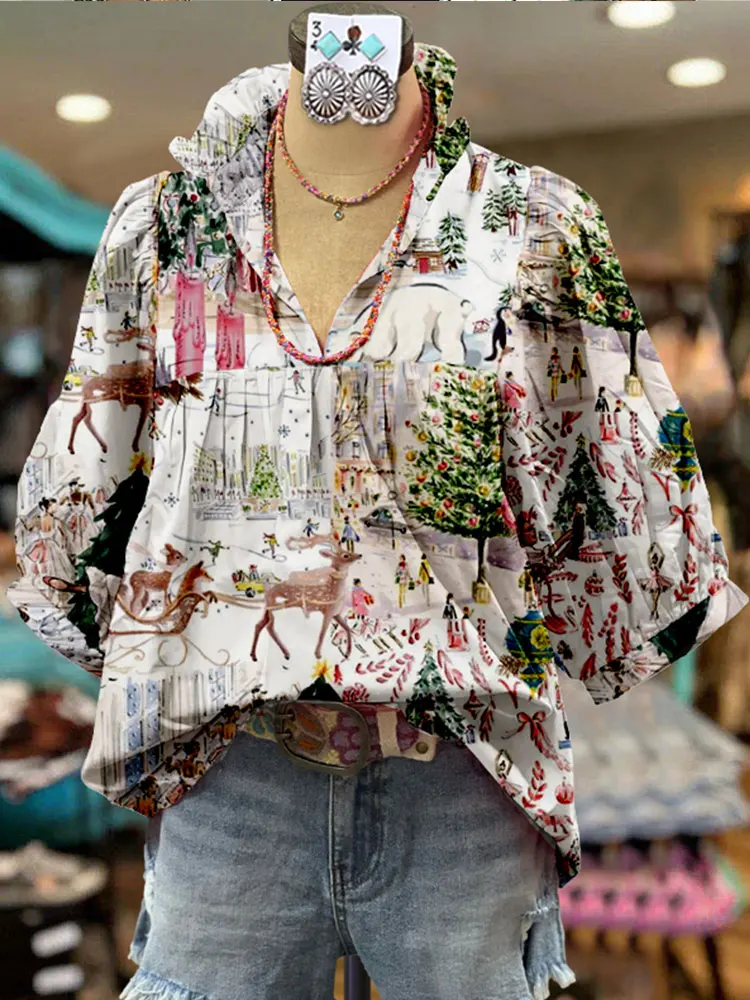 Puff Sleeve Contrast Christmas Print  Blouse