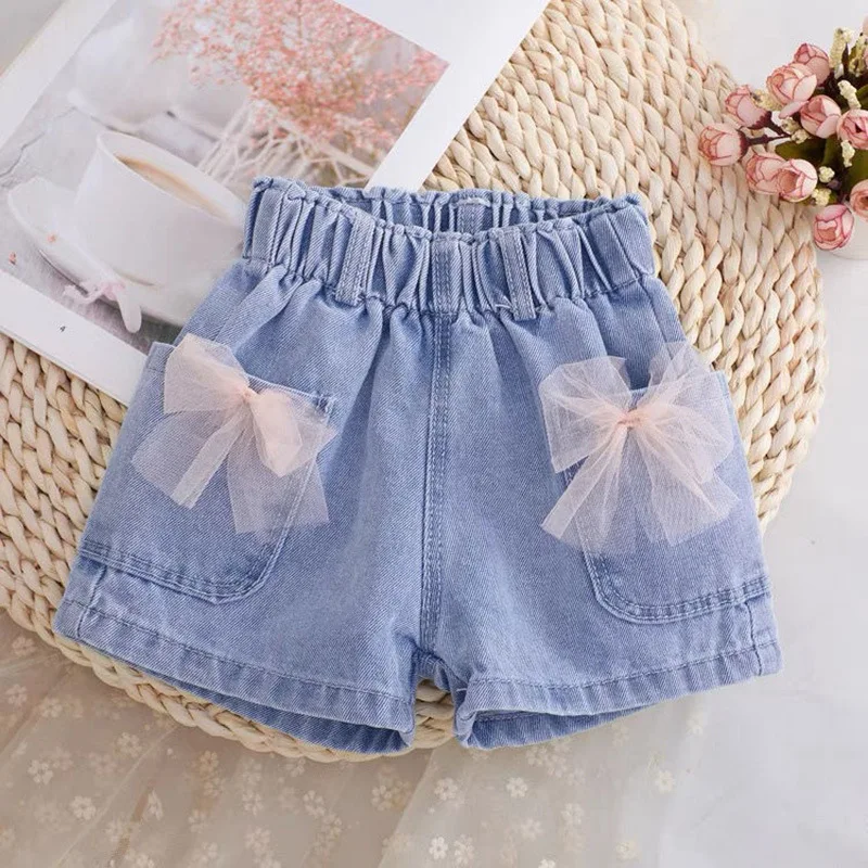 Kids Pants Girl Cowboy Shorts New Baby Korean Summer Bow Design Casual Simple Fashion 2024 Elastic Waist Cool Sweet