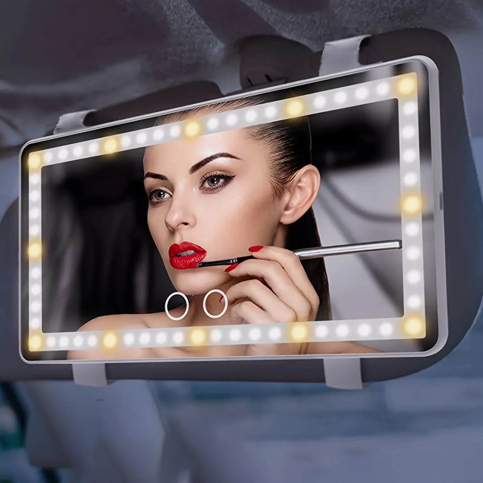 Miroir de maquillage de voiture intelligent avec éclairage LED, contrôle de la luminosité sans soudure pour la polymérisation, sans force, à emporter, glam, portable, 3 documents