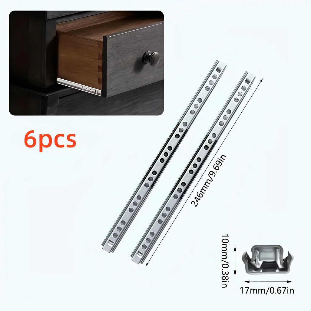 

6 шт. двухсекционных, двусторонних, узких, утолщенных направляющих для ящиков, подходящих для столов, шкафов, гардеробов, систем хранения, 246 мм.
