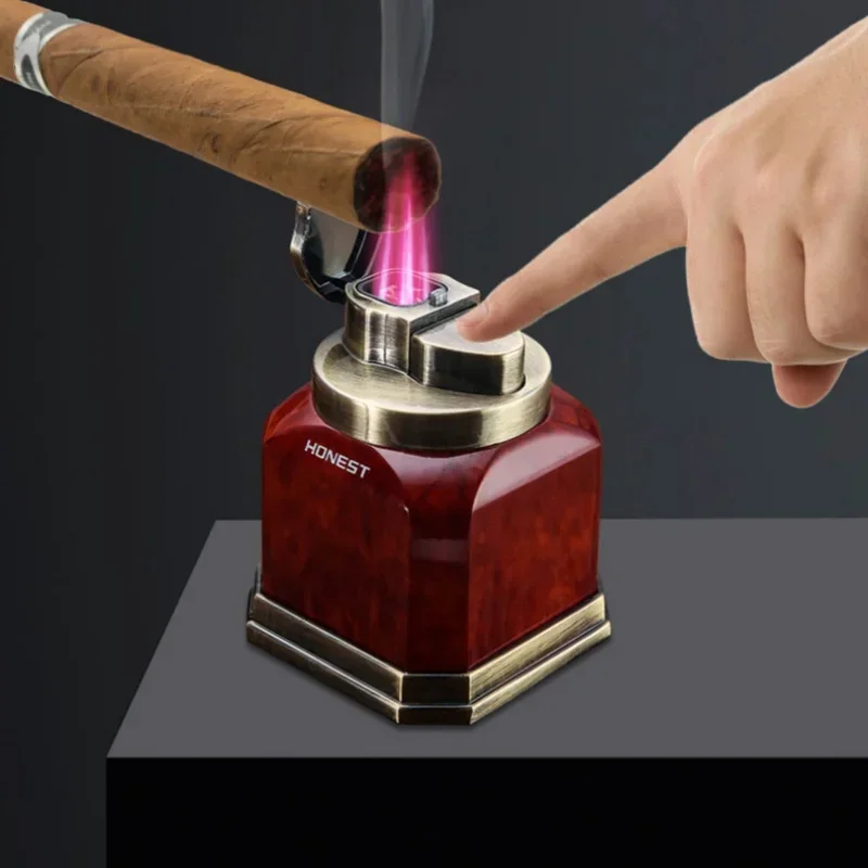 HONEST Desktop 4-Straight Jet Red Flame Butane Gas Torch Lighter One Click Ignition High end Business Cigar Lighters Smoking