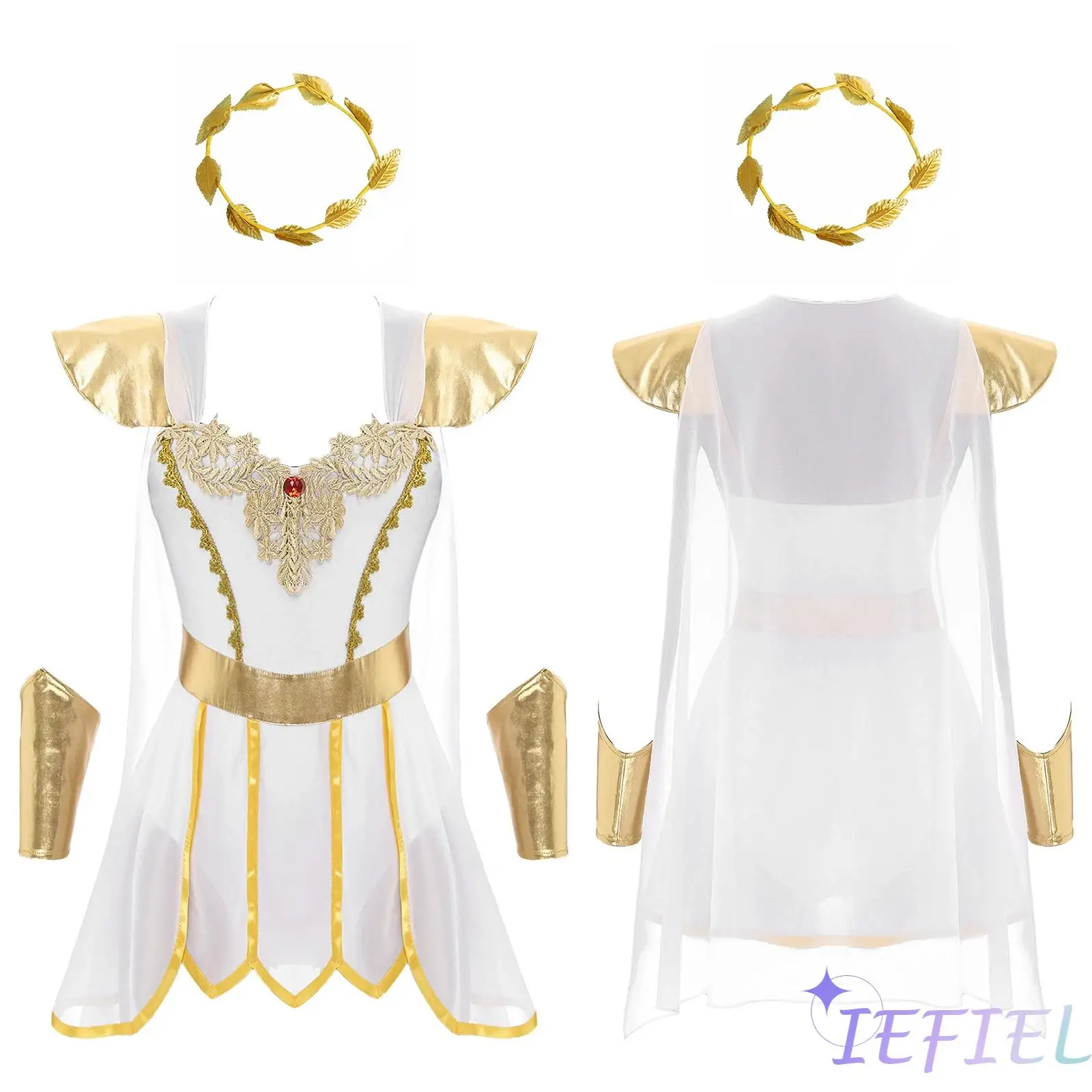 Halloween Carnival Masquerade Toga Party Ancient Greek Roman Dress-up Costume Bodysuit+Wristbands+Gold Leaves Wreath Headwear