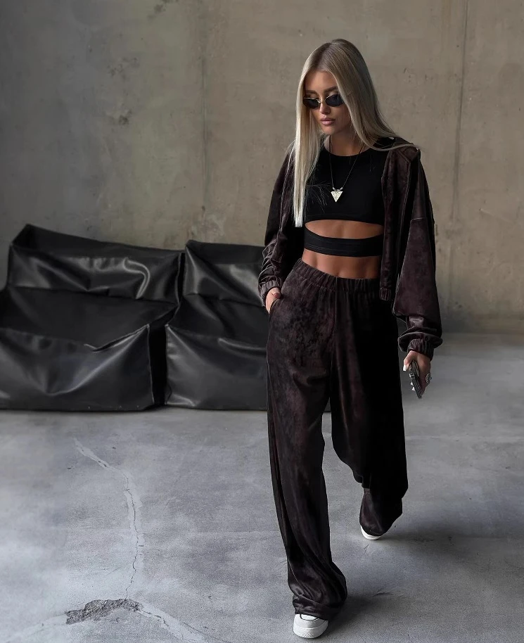 

Бархатное укороченное пальто с капюшоном и широкие брюки 202, весенне-осенний женский спортивный костюм, толстовки и брюки с капюшоном на молнии, комплекты