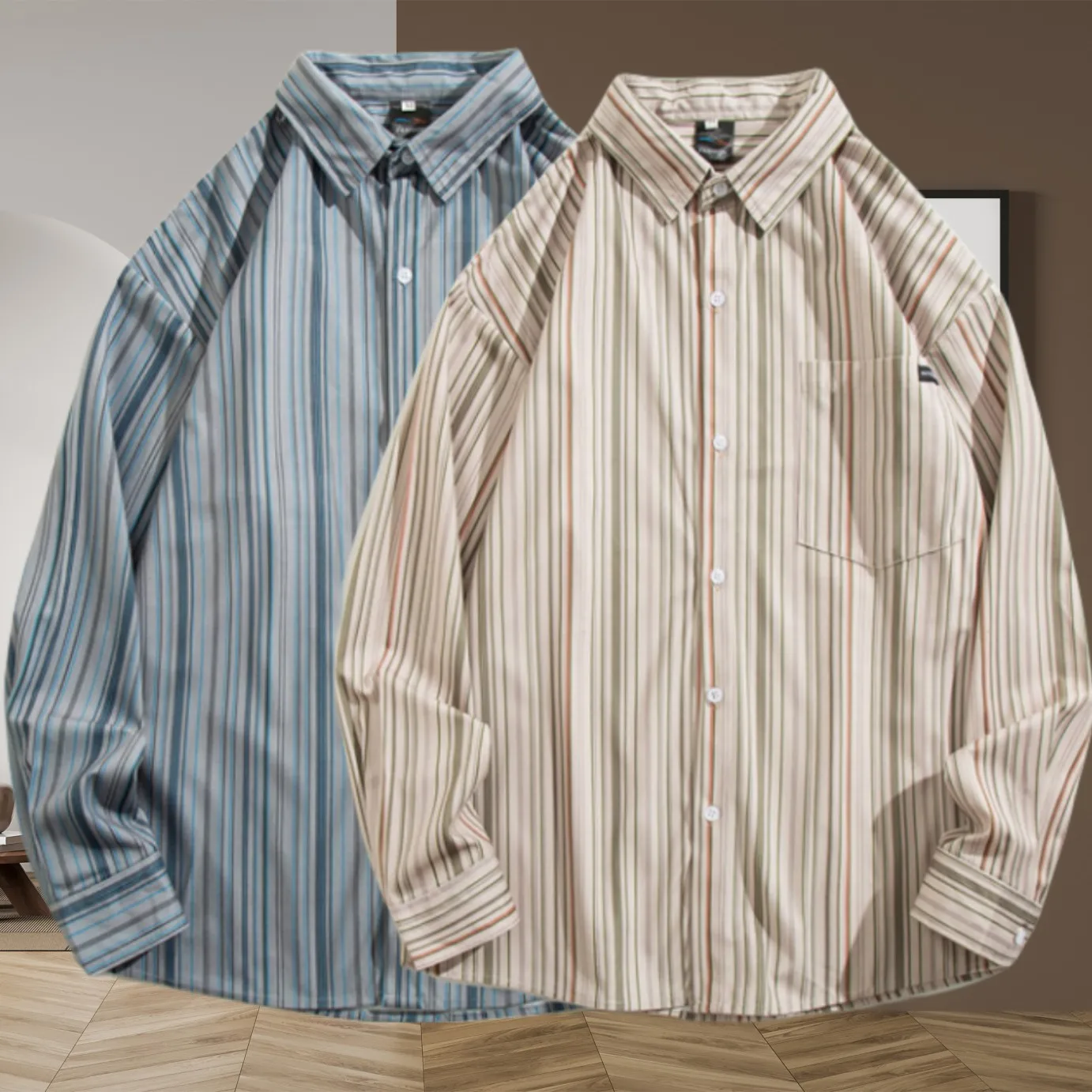 

Мужская повседневная свободная рубашка в стиле ретро из вельвета с цветными полосками, длинный рукав, городская мода, на все сезоны