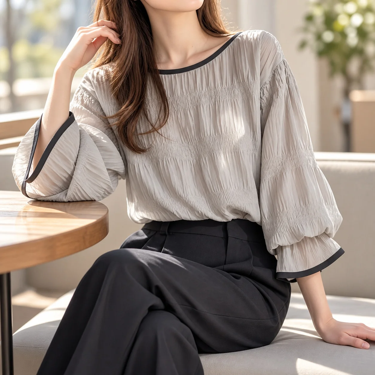 Long Sleeve Pullover Blouse Loose Fit Elegant Commute with Round Neck Tie Flared Sleeve Summer Commute Style Women Shirts