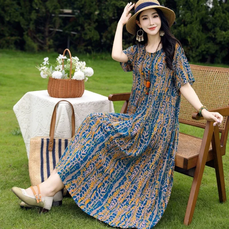 Damen Blumen-Baumwoll-Maxikleid Übergröße Lässiges Lockeres Sommer-Kurzarm-A-Linien-Kleid