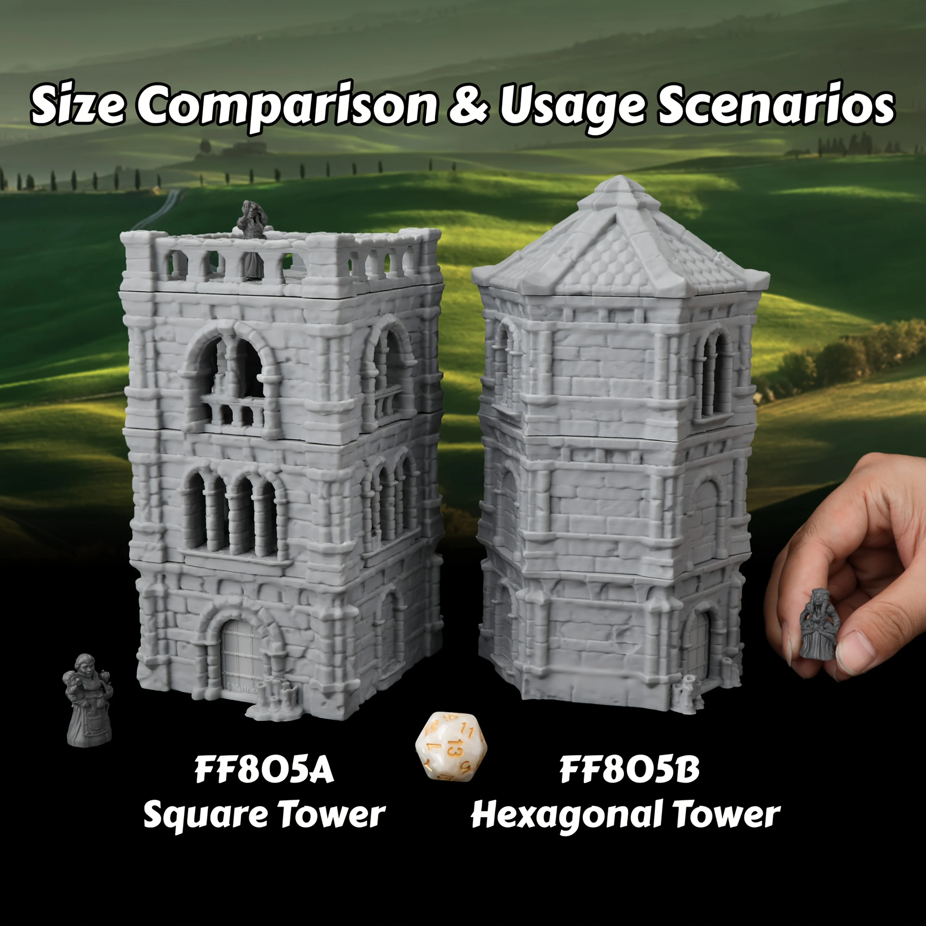 RPG Miniature Square Tower & Hexagonal Tower Buildings for TRPG Scene, Fantasy Adventures Scenes Medieval Tower Structures