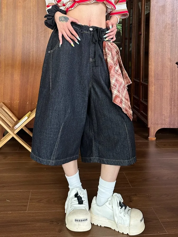 

American Retro Detachable Scarf Original Color Baggy Jeans orts Men's Loose Straight Leg Wide Leg Seven-Foot Summer orts