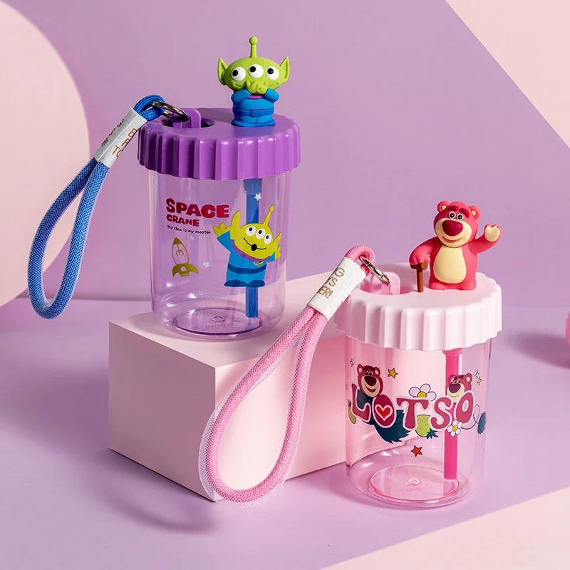 MINISO Disney Series Lift Rope Suction Plastic Cup Animation Alien Pooh Bea Beverage Juice Water  Children's Toy BirthdayGift