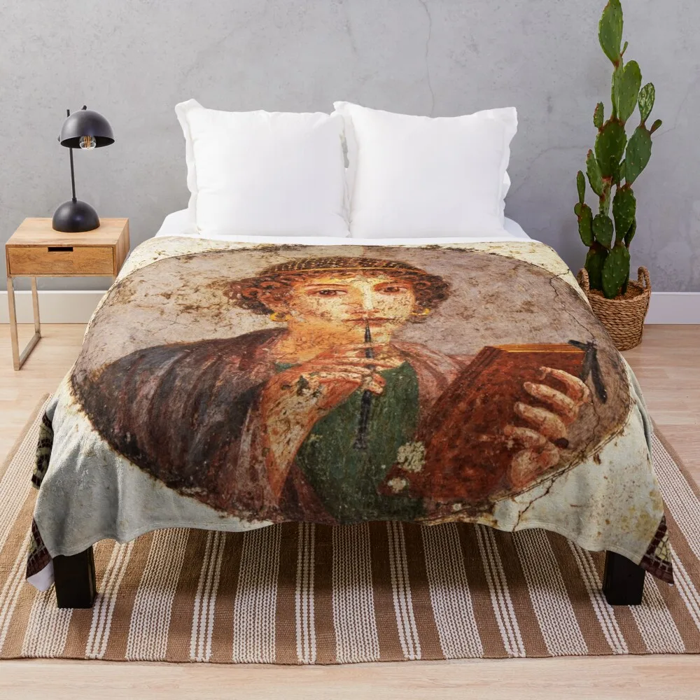 SAPPHO POMPEII FRESCO Antique Roman Wall Painting Throw Blanket Flannel Fabric Tourist Blankets