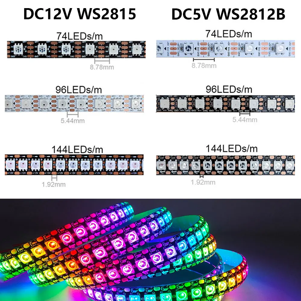 WS2812B WS2815 LED Led Strip Light 74/96/144Leds/m Individually Addressable IC Led Strip White/Black PCB IP30 IP65 IP67 DC5V/12V