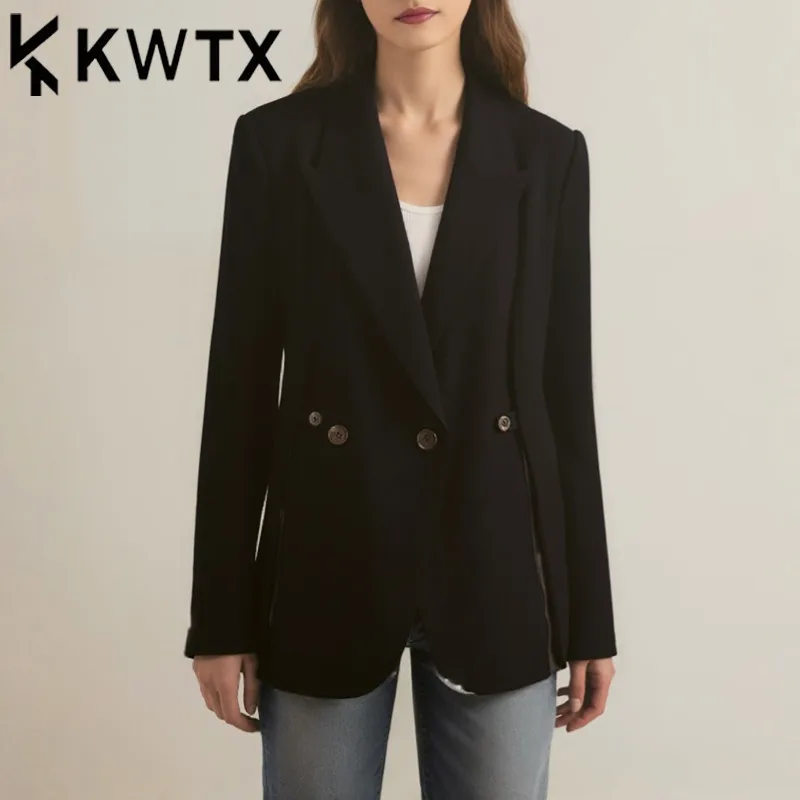 

KWTX Women’s Solid Color Casual Blazer Notched Lapel Patchwork Buttons Tailored Waist Designer Elegant Spring Summer 2025 Resort