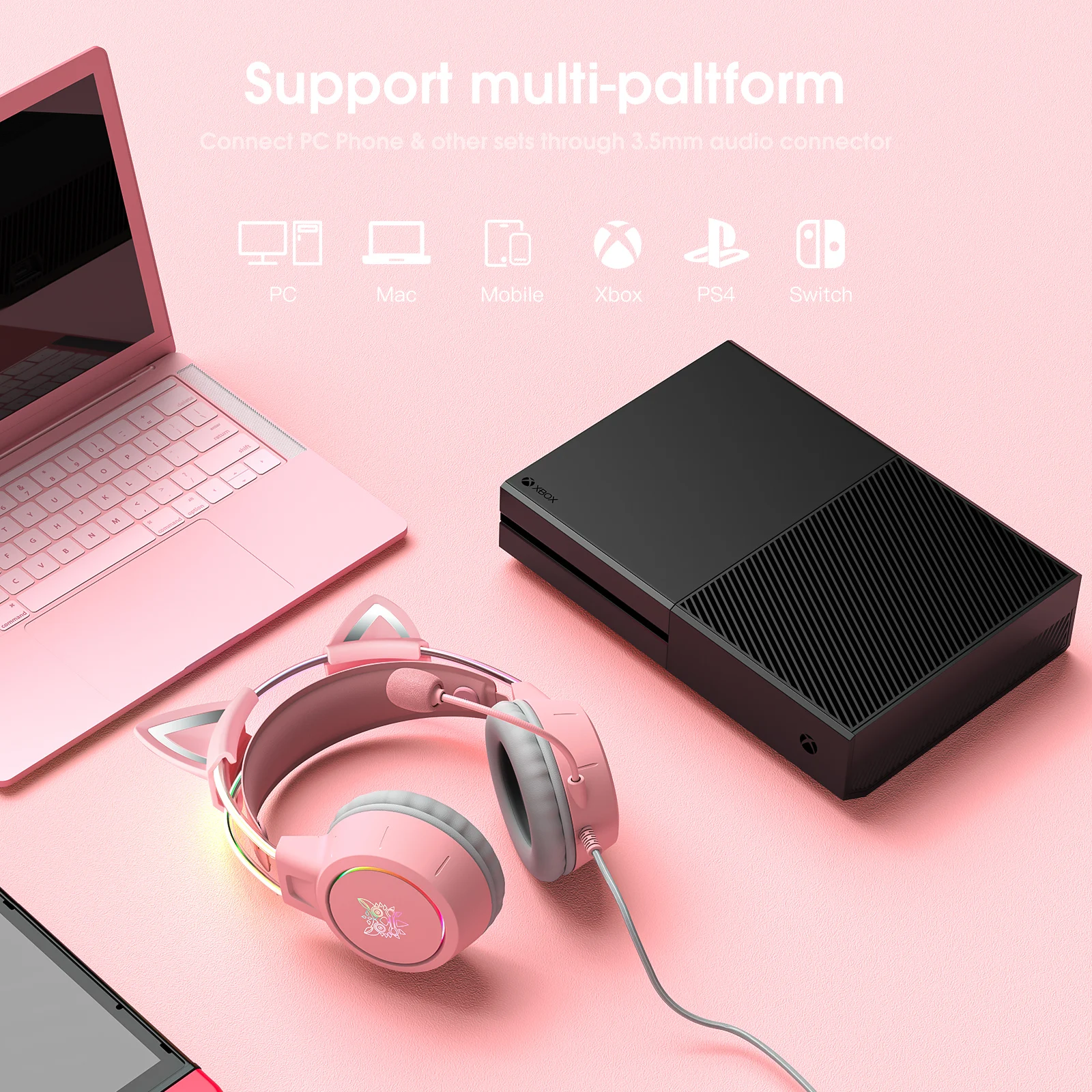 سماعة رأس لون وردي قابلة للإزالة من ONIKUMA سماعة رأس سلكية مع ضوء RGB وإلغاء الضوضاء وميكروفون وسماعة أذن ستيريو لأجهزة الكمبيوتر PS4 #2