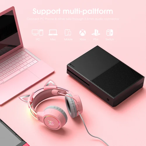Imagen 2 del producto ONIKUMA-auriculares para videojuegos con orejas de gato extraíbles, color rosa, con cable, luz RGB, cancelación de ruido, micrófono, estéreo, para PC, PS4