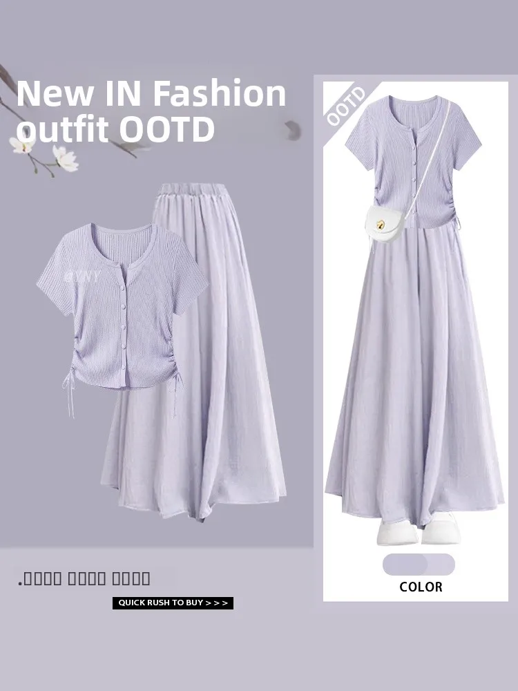 

Women's Drawstring T-Shirt Top And High Waist Skirt Two-Piece Set Short Sleeve V-Neck Button Closure Polyester Fiber