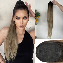 Ponytail Hair Extension Brown Ombre 24inch Long Straight Drawstring Ponytail Natural Pony Tail Synthetic Hairpiece for Women