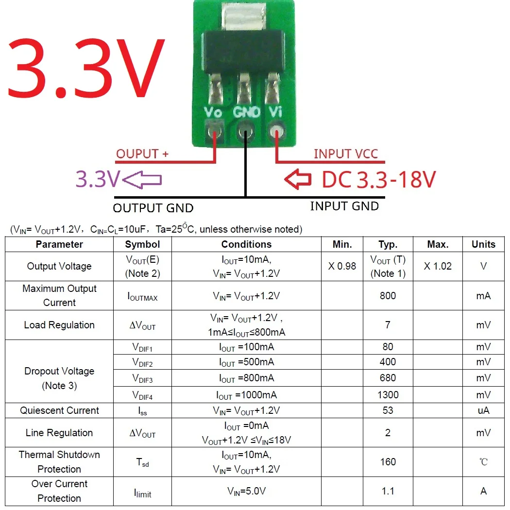 Tiny Out 1A 1.2V 1.8V 2.5V 3.3V 5V 80MV Drop Voltage 60uA Standby Step-Down Buck LDO Module rep for Arduino ESP32 AMS1117 7805