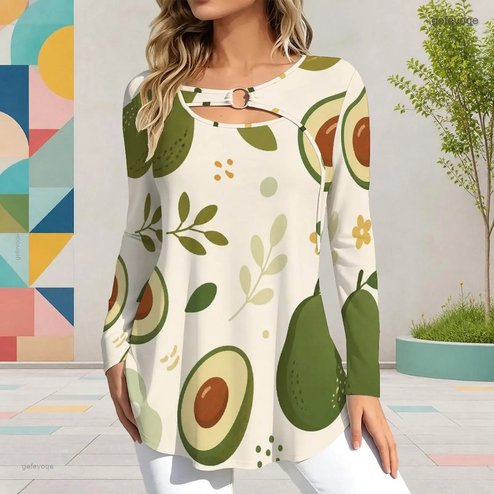 Women Keyhole Ring Neck Long Sleeve Flared Hem Printed Top