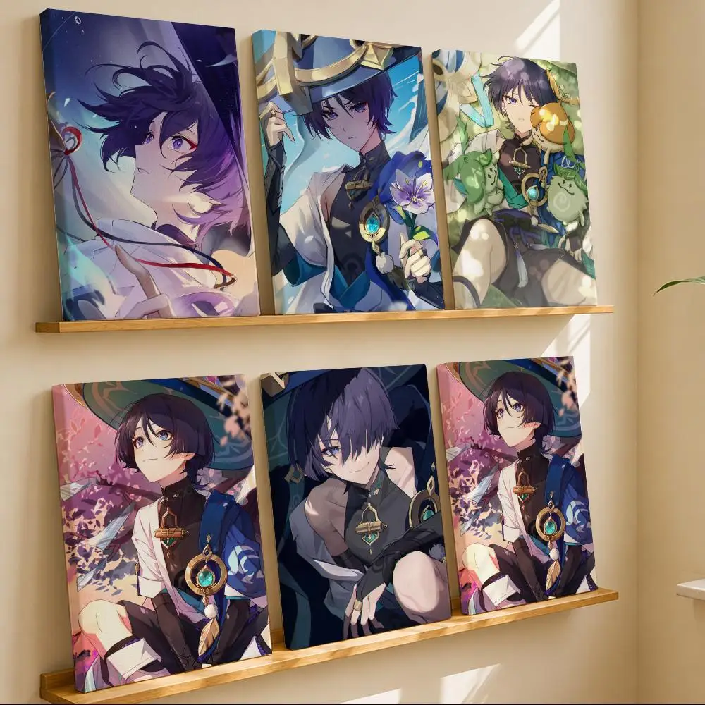 Mysterious Game Genshin Impact Wanderer Framed Wall Painting Canvas Art Poster with Solid Wood Frame for Living Room Home Decor