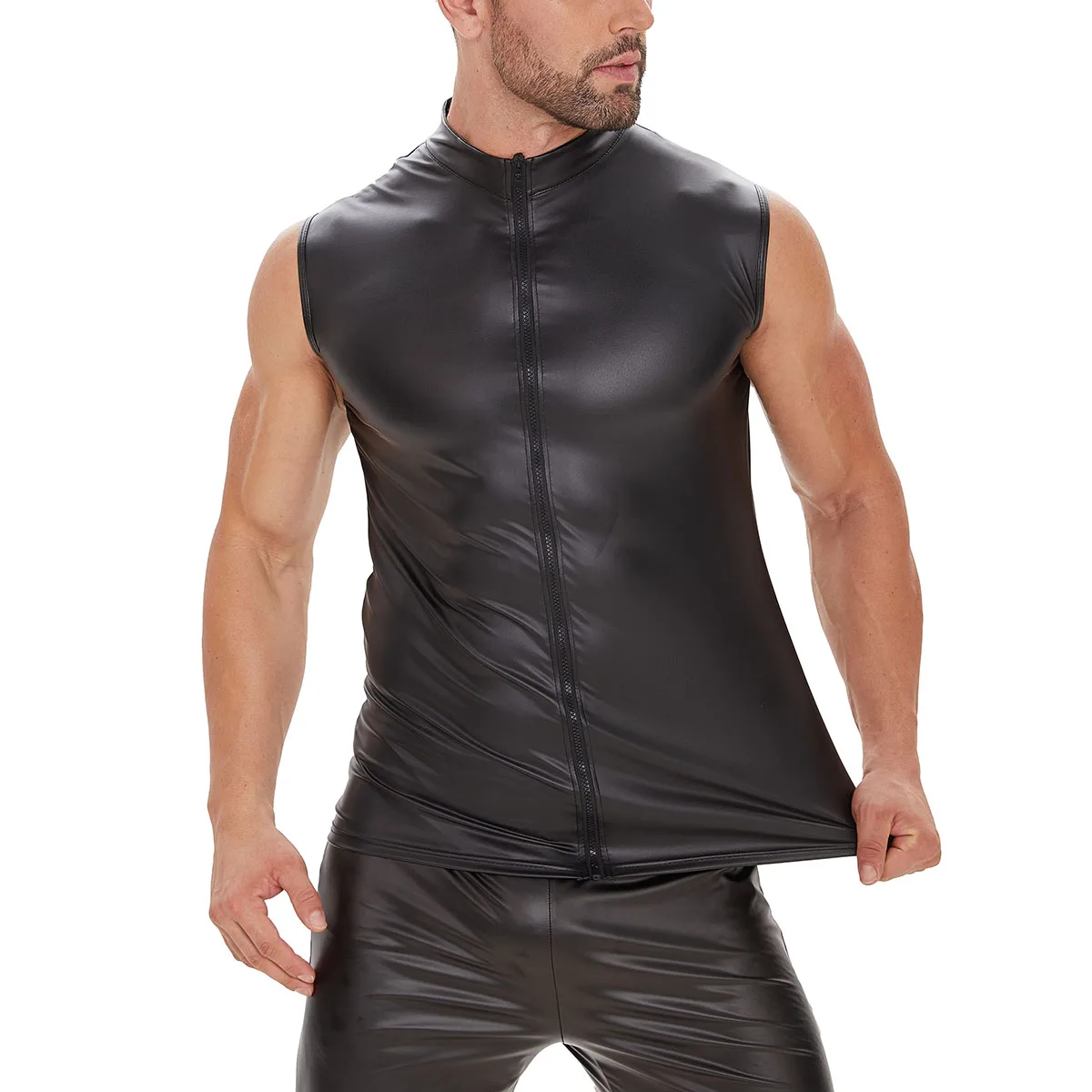 Plus Size Mens Shiny Leather Tank Top Soft Matte Leather T-Shirts Sleeveless Male High Elastic Full Zipper Shaping Vest