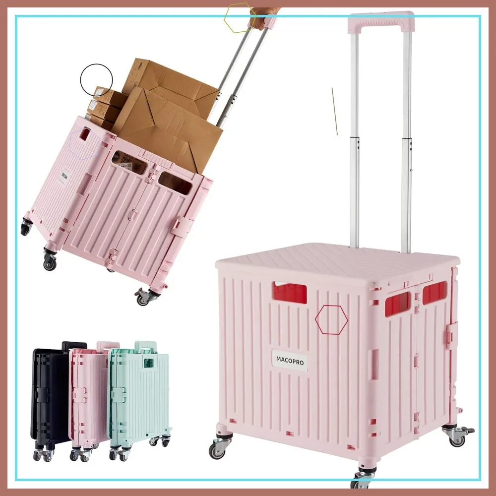 

Pink Folding Utility Cart with Lid & 4 Wheels, Portable Shopping Trolley for Grocery, Office, Teacher Use