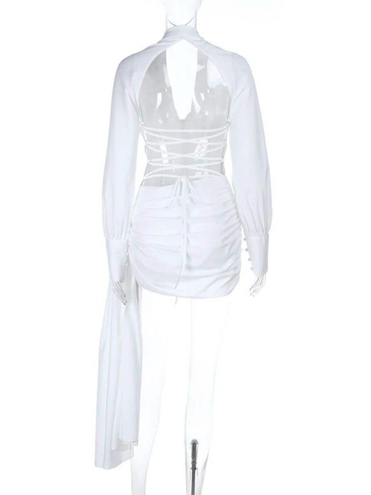 SsTss レディース ホワイト 長袖 シャツワンピース ジップアップ フロント Vネック スリム レースアップ バックレス ルーシュド リボンタイ ミニ パーティー ナイトドレス