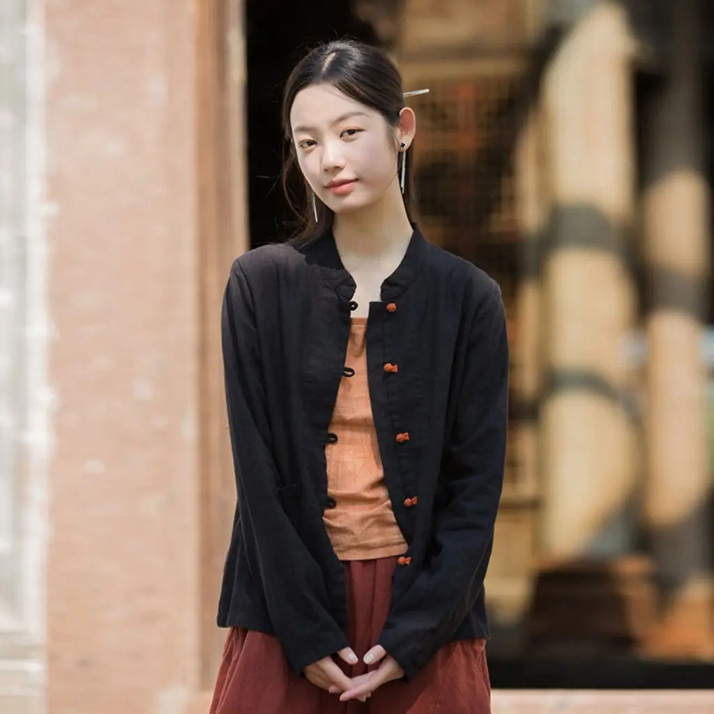 

Autumn Cotton Linen Women's Cardigan Stand Collar Buttoned Stylish Unique Chinese Style Top for Women