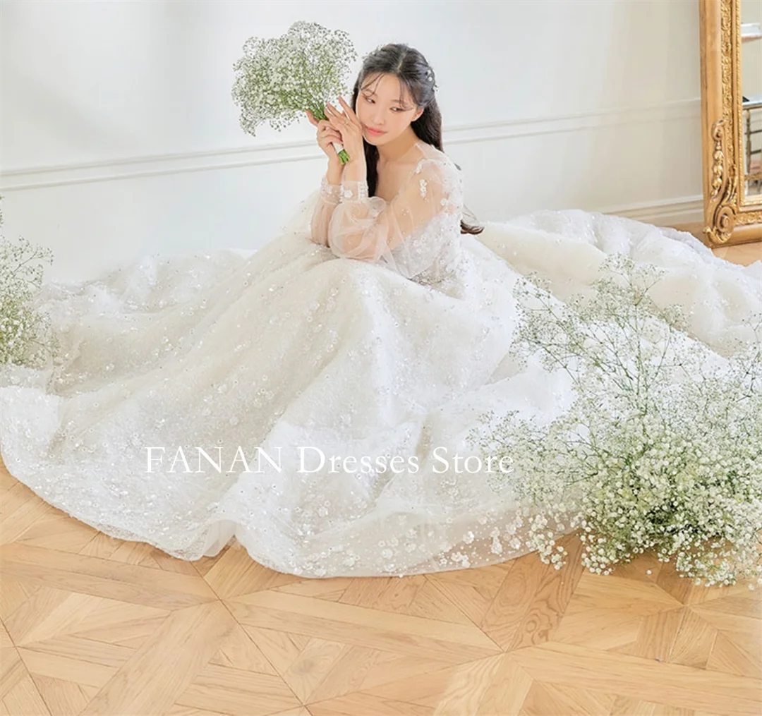 FANAN Korea O-Neck Wedding Dresses 웨딩드레스 Long Sleeves A-Line Glitter Tulle A-Line Classic Custom Made Bride Gowns Plus Size