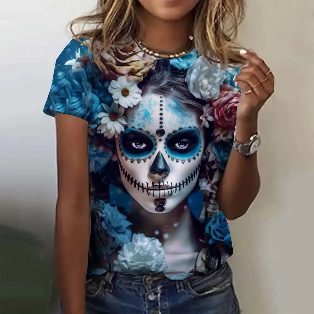 

Mexican Day of the Dead Women's T Shirt 3D Print Rose Catrina Goddess O-Neck Short Sleeve Tees Streetwear Y2k Clothing For Girls