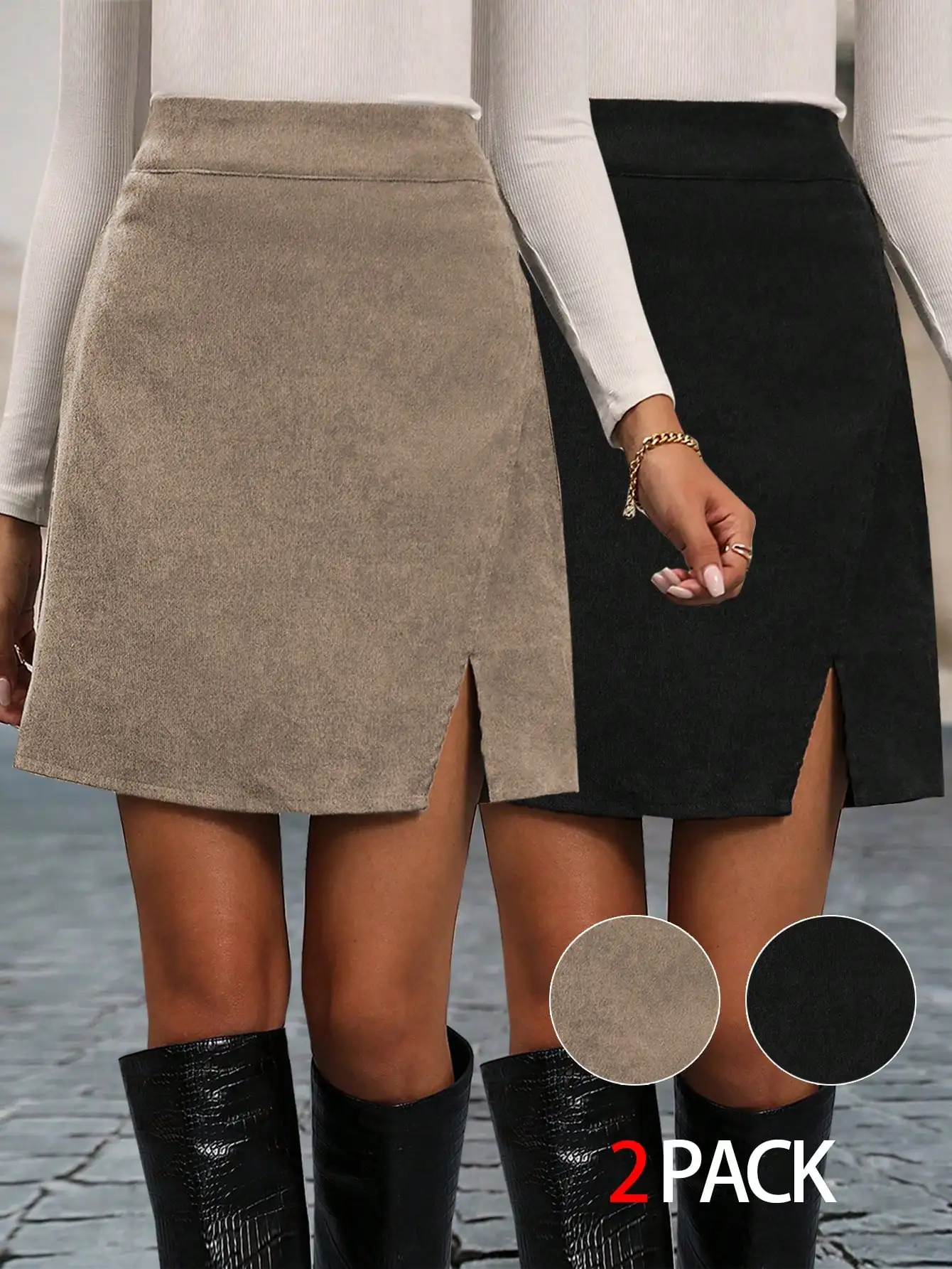 

Женская однотонная минималистичная юбка А-силуэта с разрезом спереди - 2 штуки в упаковке