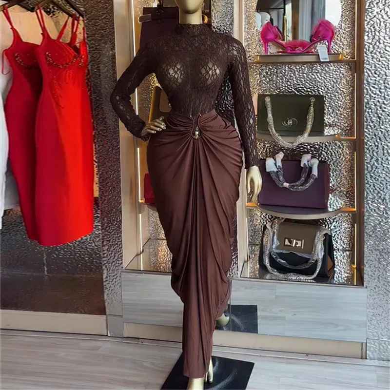 Women's See Though Long Sleeve T-shirts Tops and Buckle Waist Stacked Ruched Midi Maxi Skirt 2026 Two 2 Piece Set Outfit