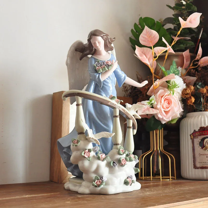 Ceramic Handicrafts Flower Holding Angel Girl Sculpture Porcelain Angel Figurine Home Room Decoration Bithday Gift Wedding Decor