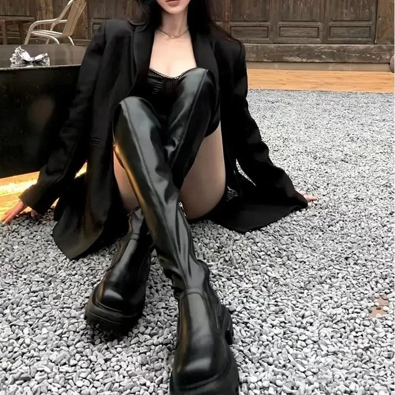 Sexy Leather Thigh High Boots Women Black Flat Over The Knee Boots for Women Round Toe Party Long Shoes Thick Sole Botas Mujer