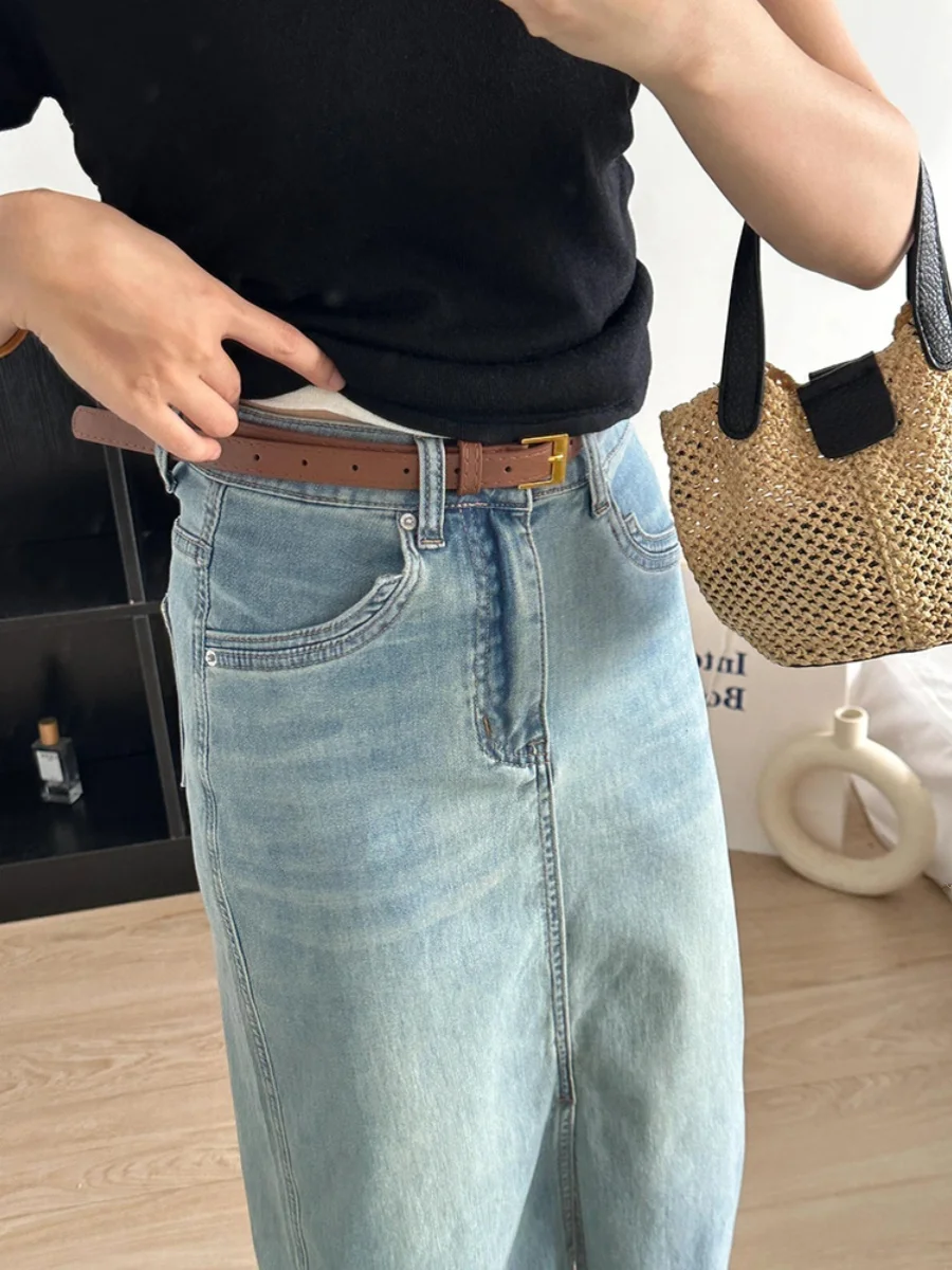 Falda Vaquera Retro Azul de Cintura Alta con Abertura, Falda Midi de Verano 2024 para Mujer, Nueva, Estilo A, Entallada, a la Moda