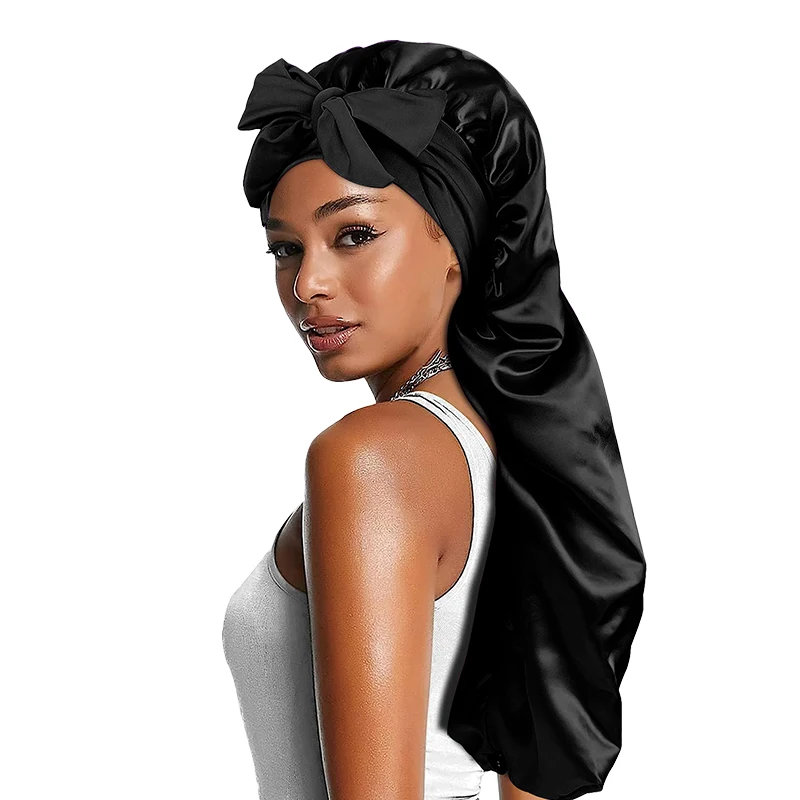 Women long Oversized Elastic Satin Bonnet Sleeping Cap With Ribbon Breathable Sleeping Cap Turban Sleep Headwear Bandanas